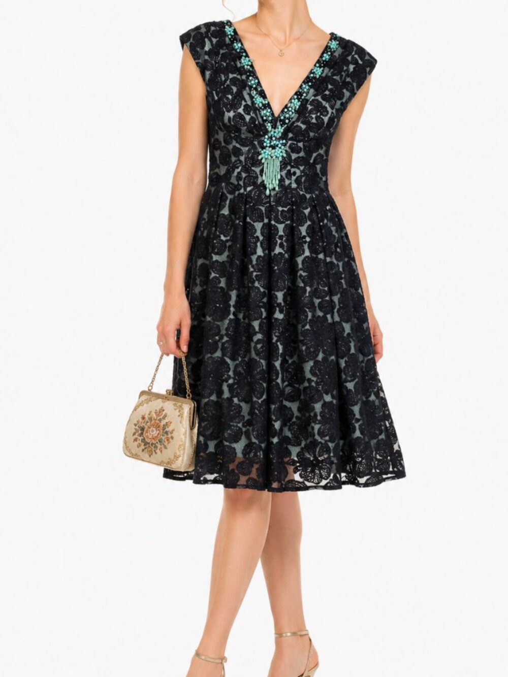 Nanette Lepore Black Lace Dress Turquoise Beaded V-Neck Cocktail Dress Size 0